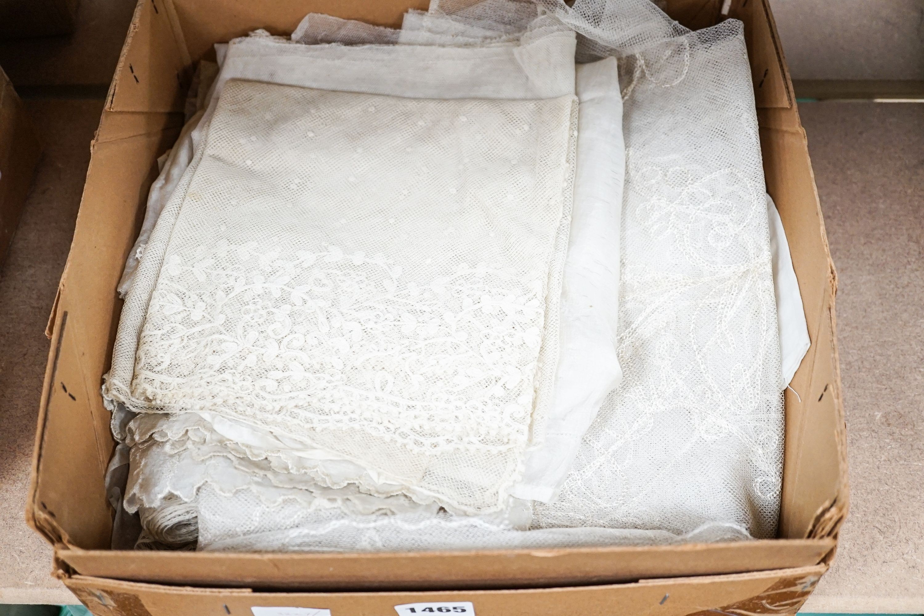 A large tape lace 'Bertha', various hand made laces, lengths of needle run laces, a skirt panel etc.